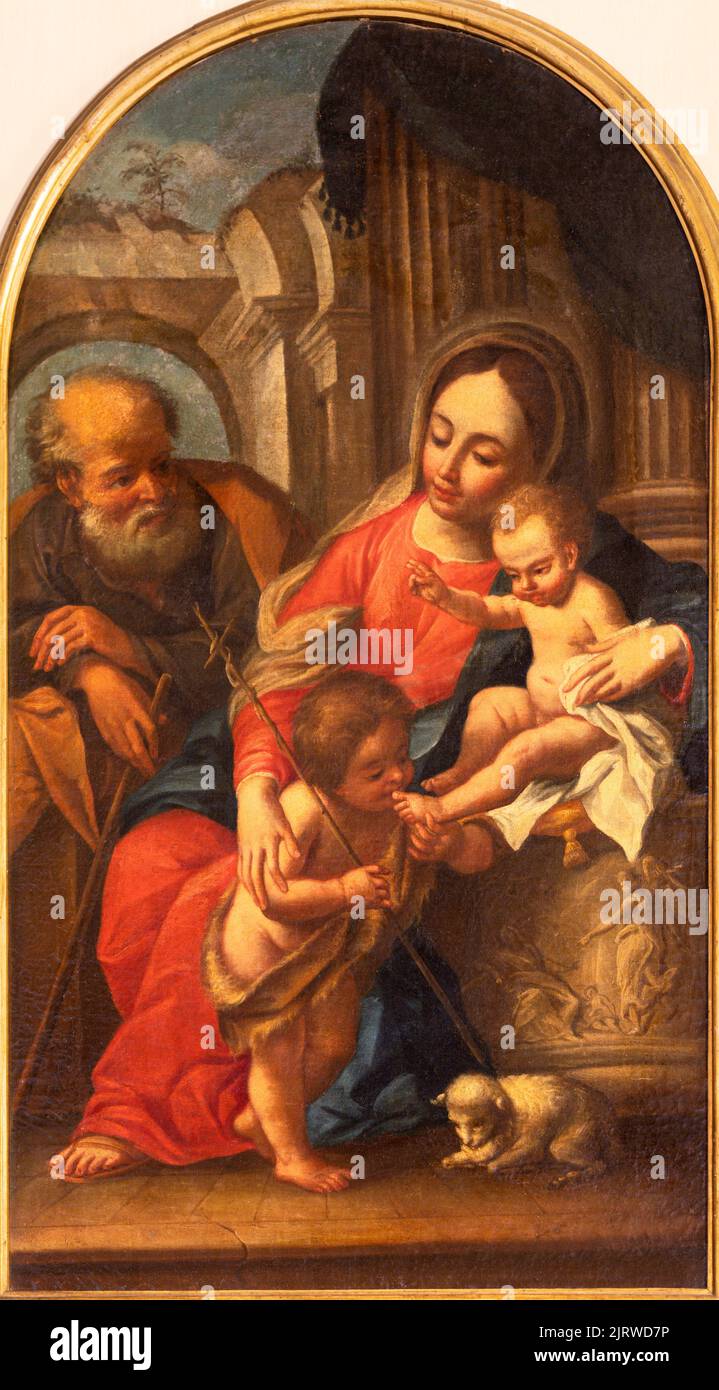 ALAGNA, ITALY - JULY 16, 2022: The painting of Holy Family with the St. John the Baptist in the church San Giovanni Battista by unknown artist. Stock Photo