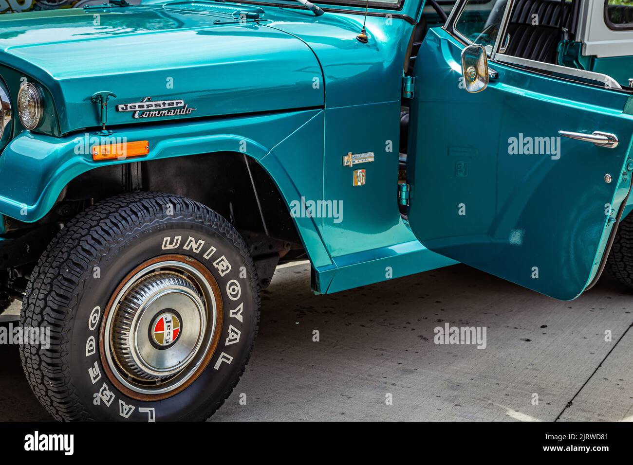 Pigeon Forge, TN - August 25, 2017: Low perspective front corner view of a Kaiser Jeep Jeepster Commando Station Wagon at a local enthusiast rally. Stock Photo