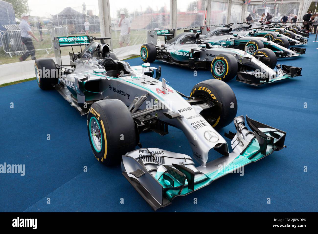 Silverstone Circuit, Silverstone, Nr, Towcester, 26th August, 2022. A special tribute to Sir Lewis Hamilton, all seven of his World Championship winning Formula One cars on display at thge Si;lverstone Classic Credit: John Gaffen/Alamy Live News Stock Photo