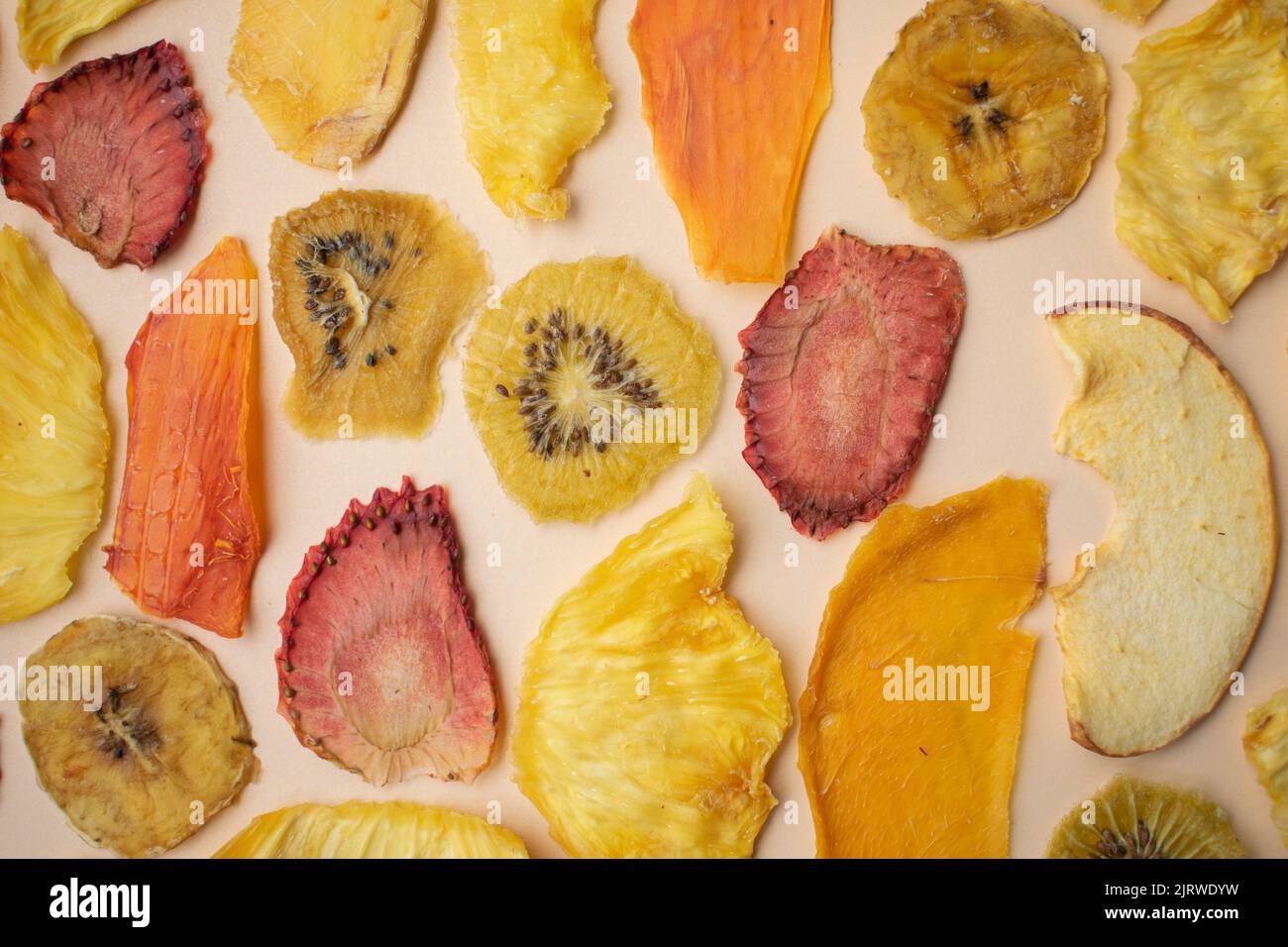 healthy and sweet dried fruit snacks of papaya, mango, strawberry, kiki