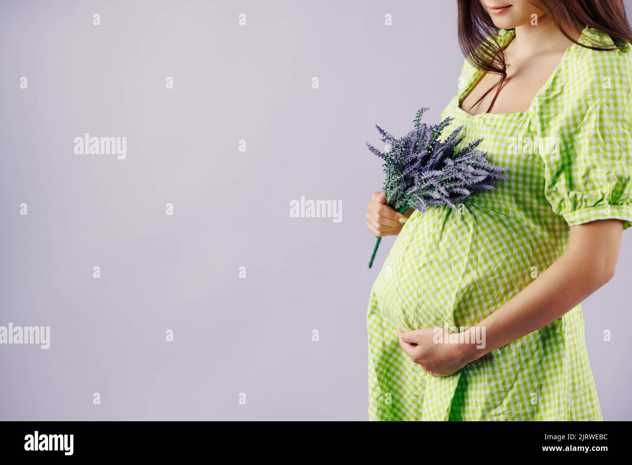 Beautiful pregnant woman with lavender flowers holds hands on belly
