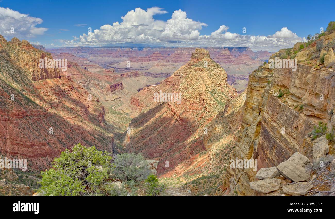 Hance Creek between Sinking Ship on the far left and Coronado Butte just right of center right at Grand Canyon Arizona. Viewed from Coronado Ridge. Stock Photo