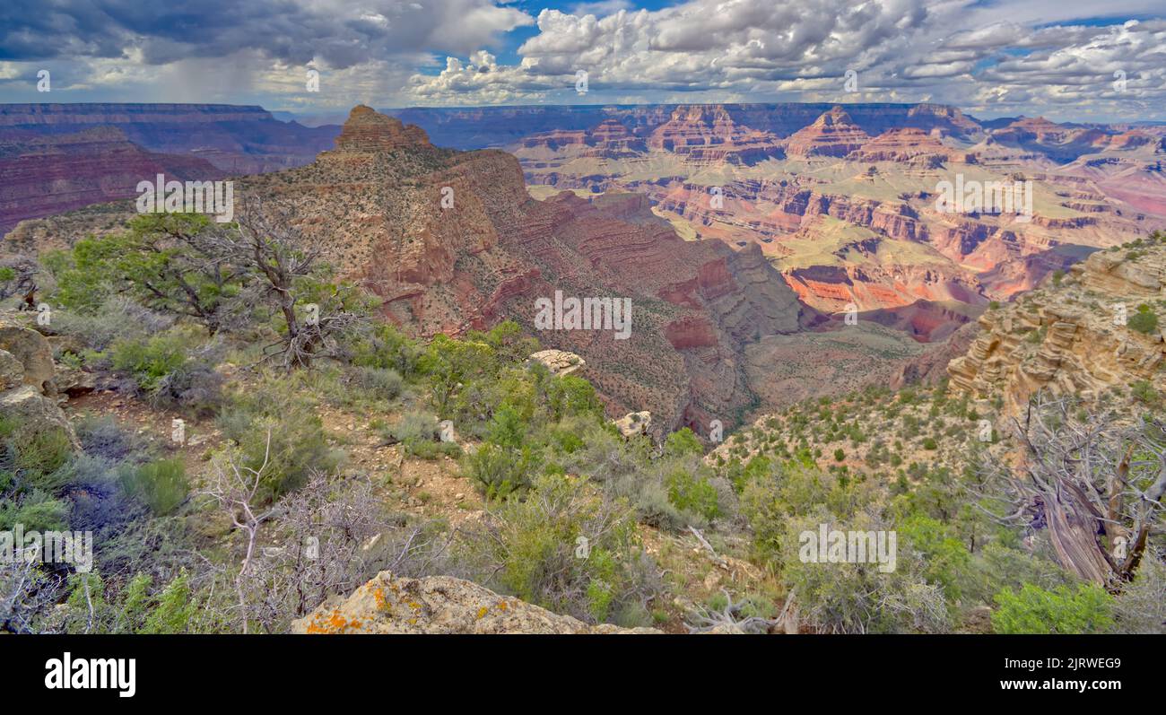 Coronado Butte viewed from the cliffs overlooking the New Hance Trail at Grand Canyon Arizona. Stock Photo