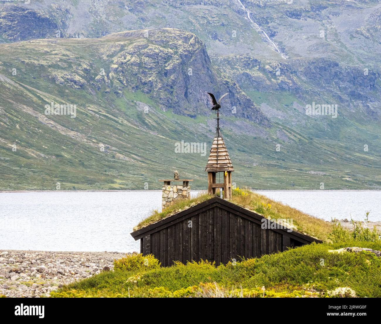 Belfry surmounted by a Sea Eagle on a building in the historic village at Eidsbugarden by Lake Bygdin -  Jotunheimen National Park Norway Stock Photo