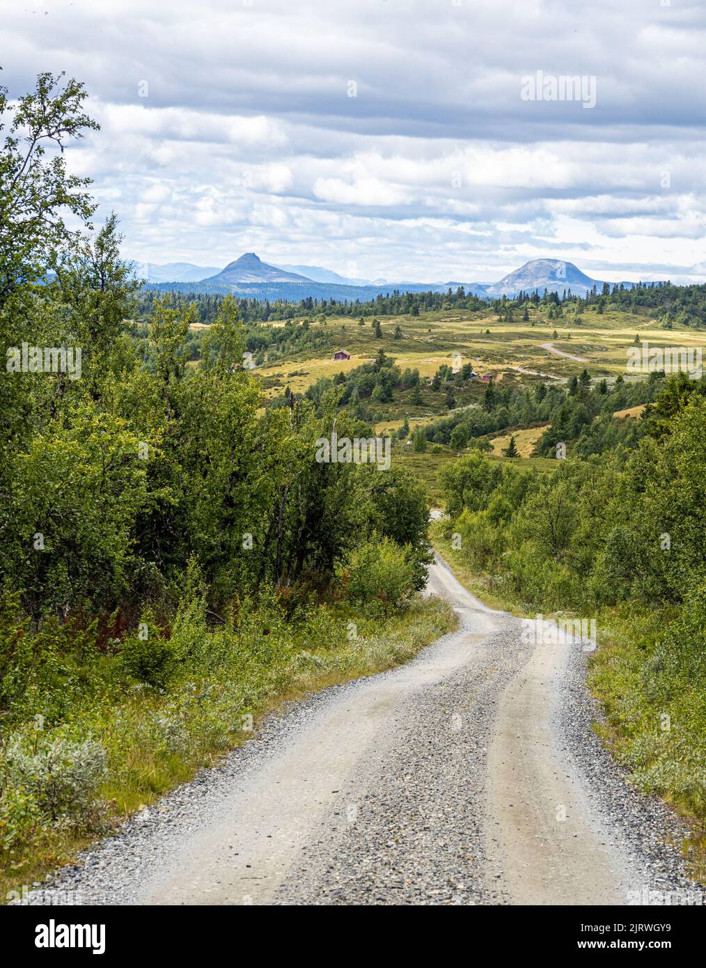 Prominent peaks of Rundemellen and Skarvemellen in the Valdres region of central Norway viewed from a track near Lenningen Stock Photo