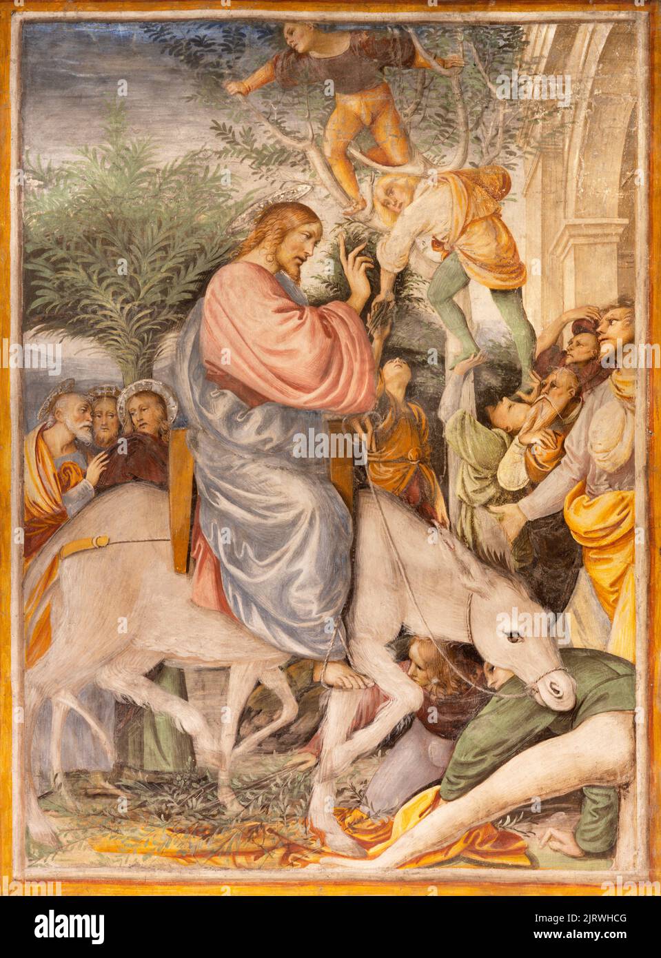 VARALLO, ITALY - JULY 17, 2022: The renaissance fresco of Entry of Jesus in Jerusalem - Palm Sunday in the church Chiesa Santa Maria delle Grazie Stock Photo