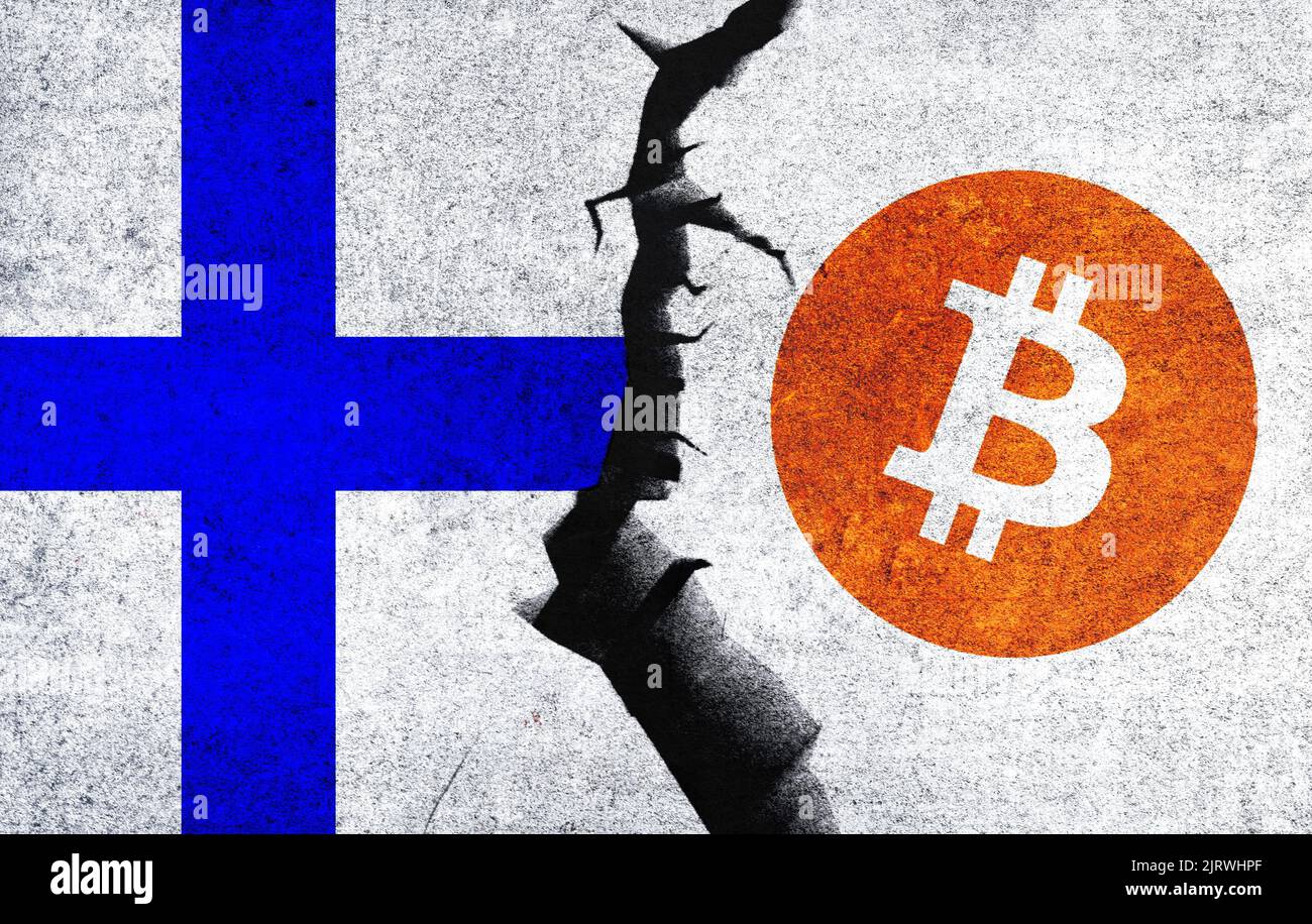 Bitcoin and Finland flag on a wall with a crack. Finland Bitcoin banned