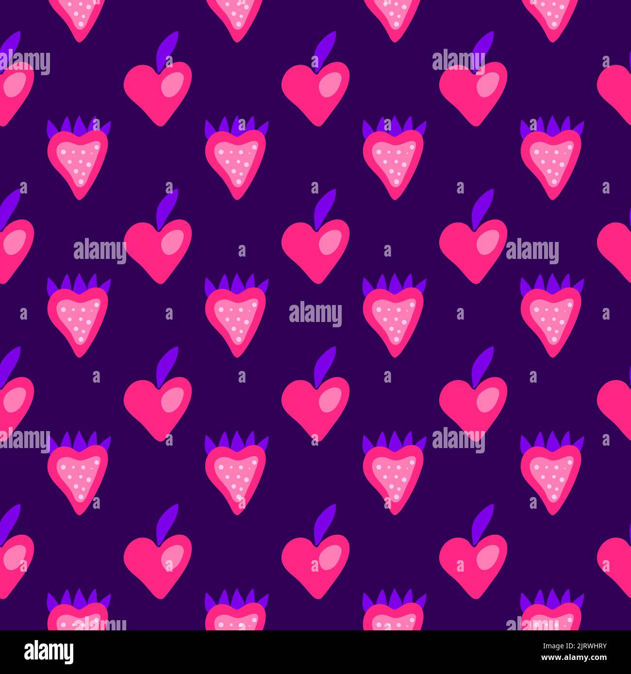 Cute colorful seamless pattern with doodle heart shaped strawberries and peaches. Stock Vector