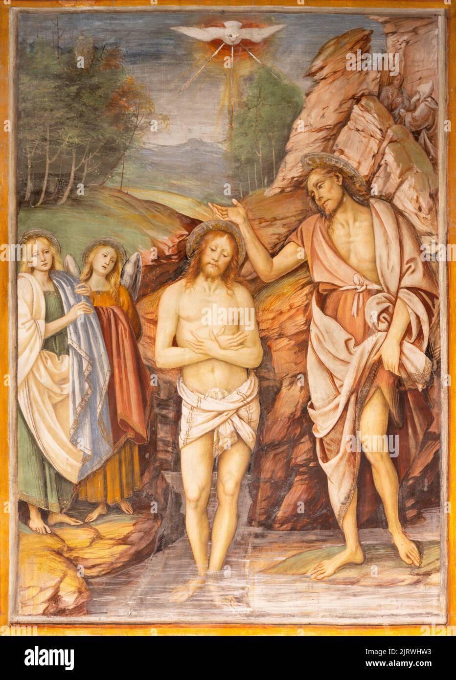 VARALLO, ITALY - JULY 17, 2022: The renaissance fresco of Baptism of Christ in the church Chiesa Santa Maria delle Grazie  by Gaudenzio Ferrari (1513) Stock Photo