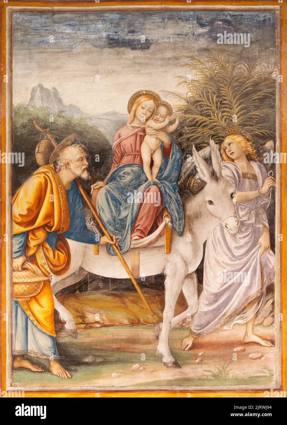 VARALLO, ITALY - JULY 17, 2022: The renaissance fresco of Flight to Egypt in the church Chiesa Santa Maria delle Grazie  by Gaudenzio Ferrari (1513). Stock Photo