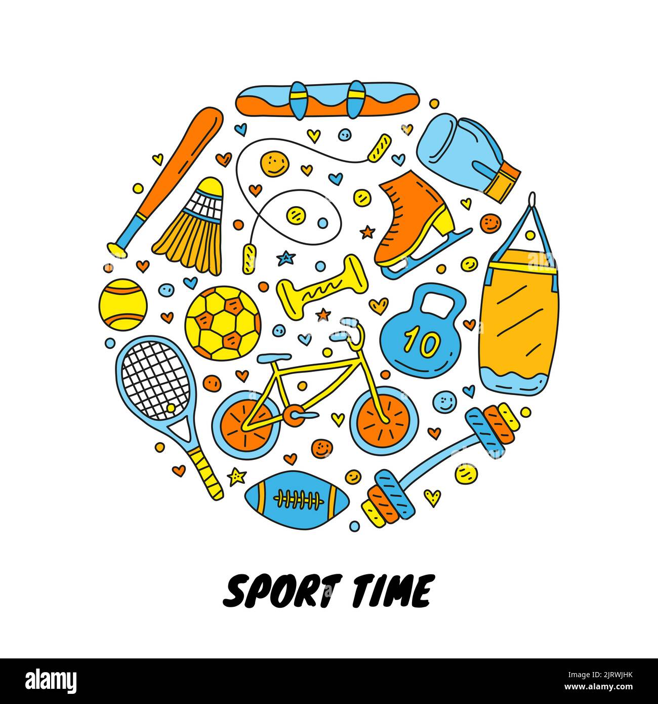 Doodle colored sport items, equipment composed in circle shape. Stock Vector
