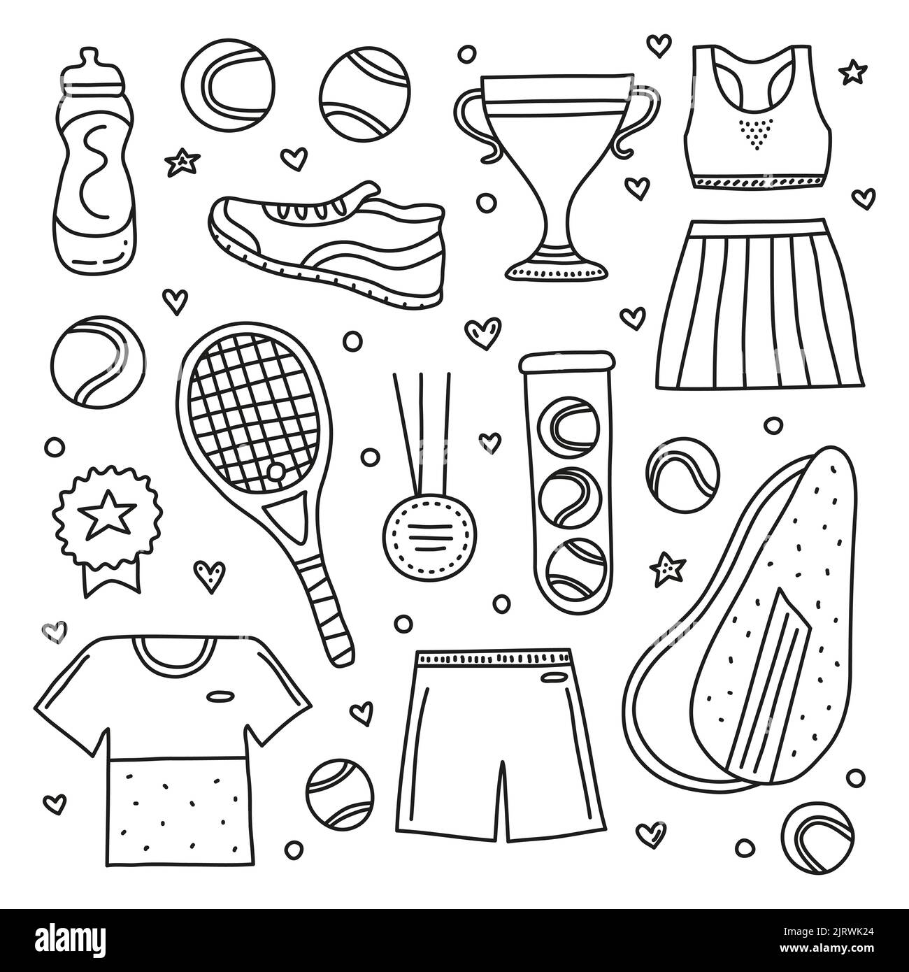 Set of doodle outline big tennis and sport items, equipment, clothes isolated on white background. Stock Vector