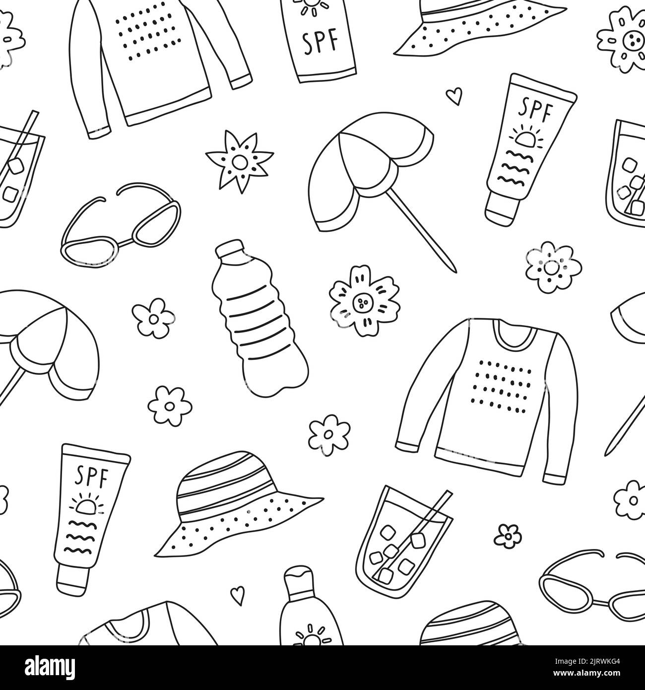Black and white seamless pattern with doodle outline sun safety icons. Stock Vector