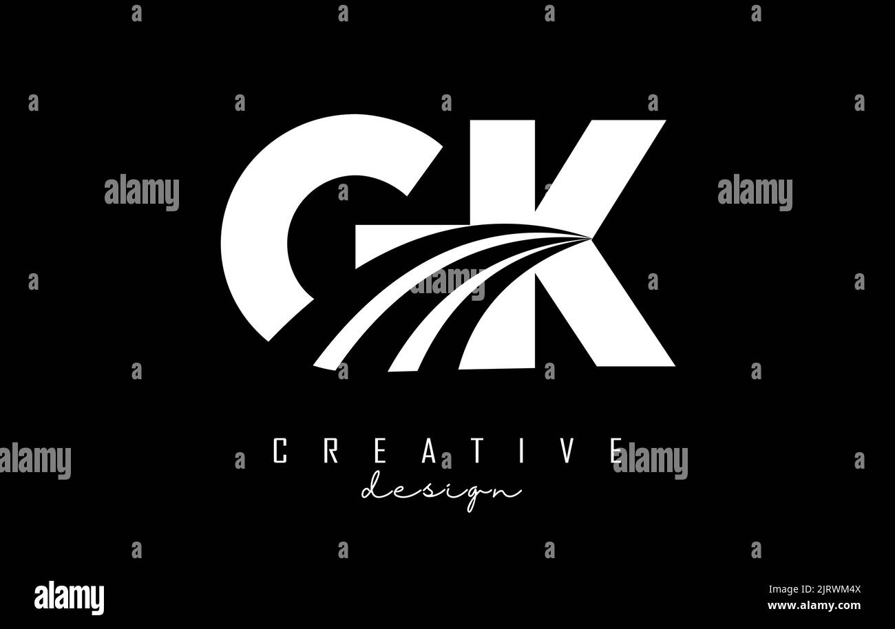 Creative white letter GK g k logo with leading lines and road concept