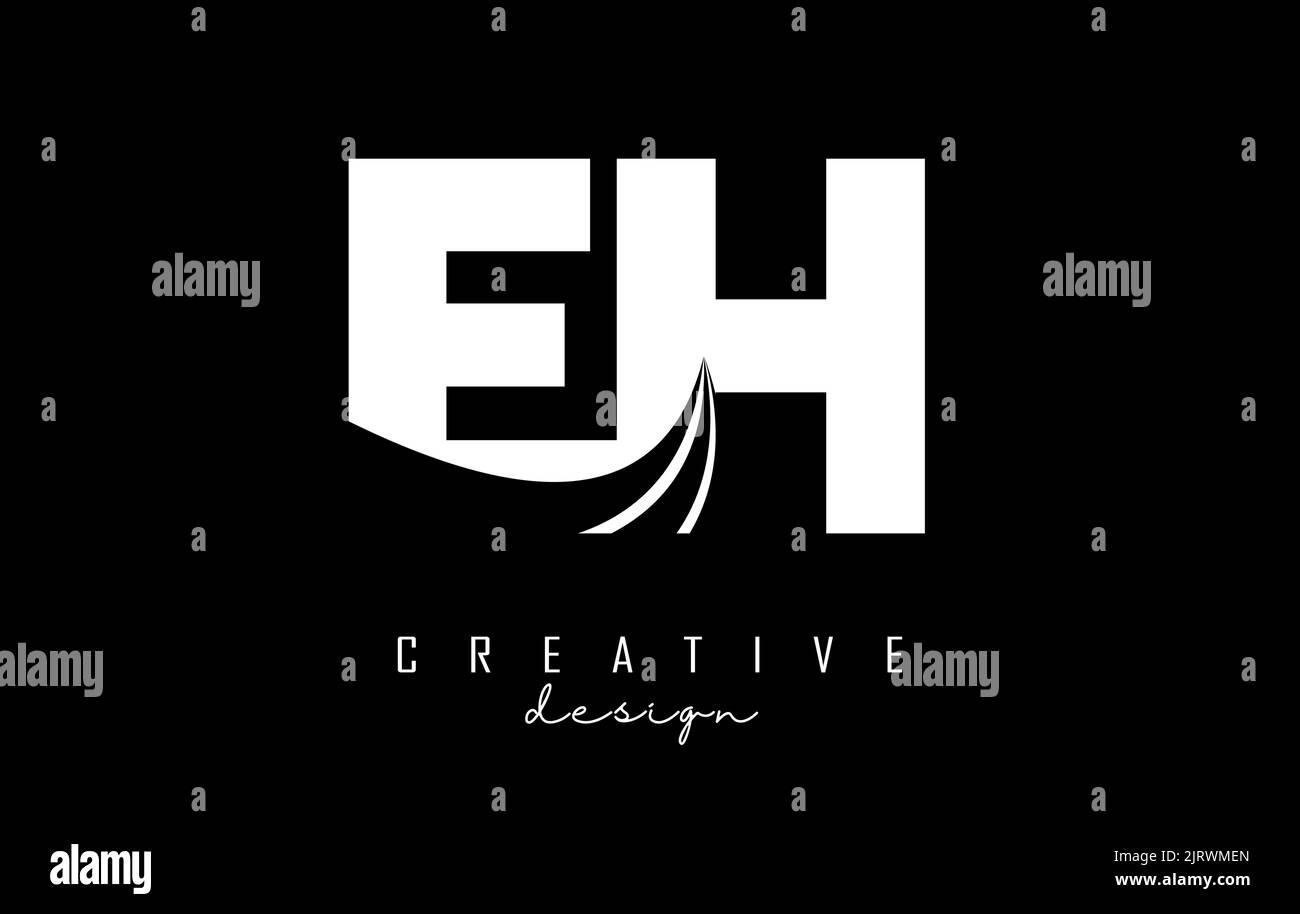 Creative white letter EH e h logo with leading lines and road concept ...