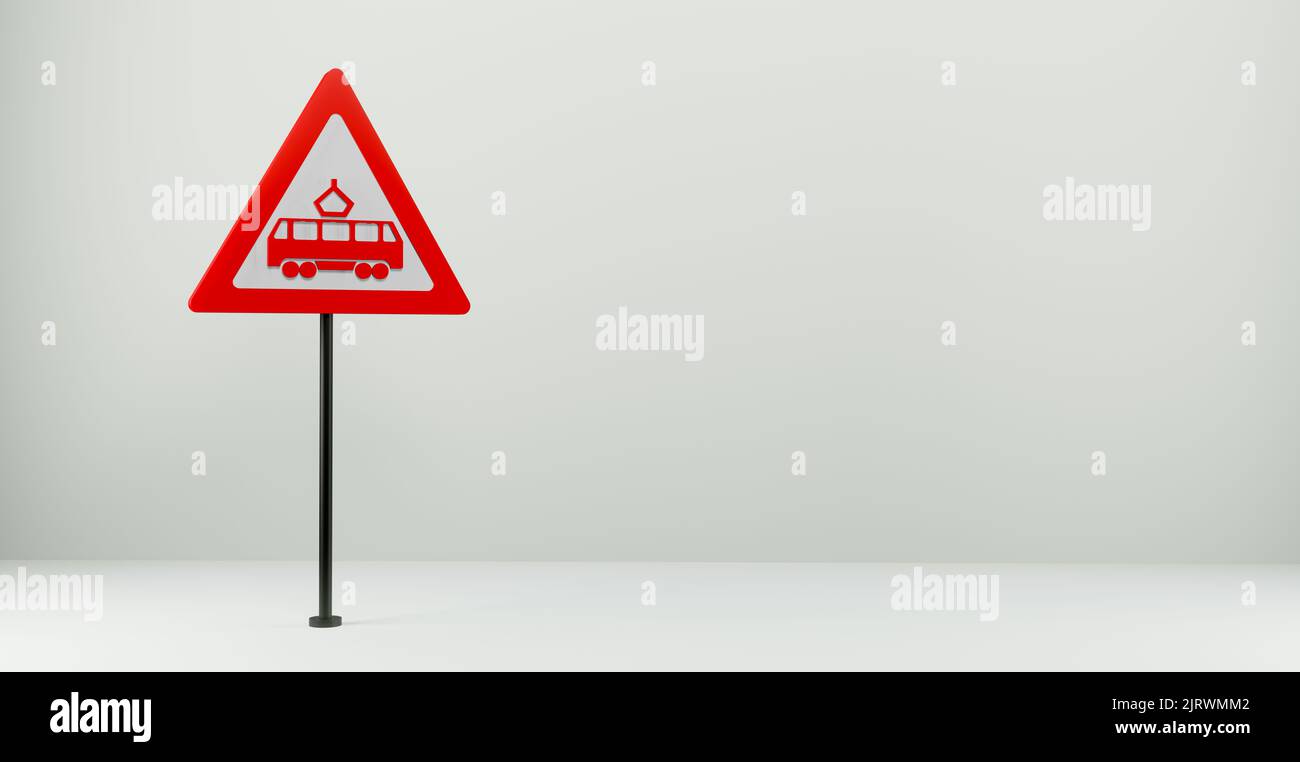 Road sign Intersection with the tram line, 3d sign isolated on white background, copy space. 3D work and 3D illustration Stock Photo
