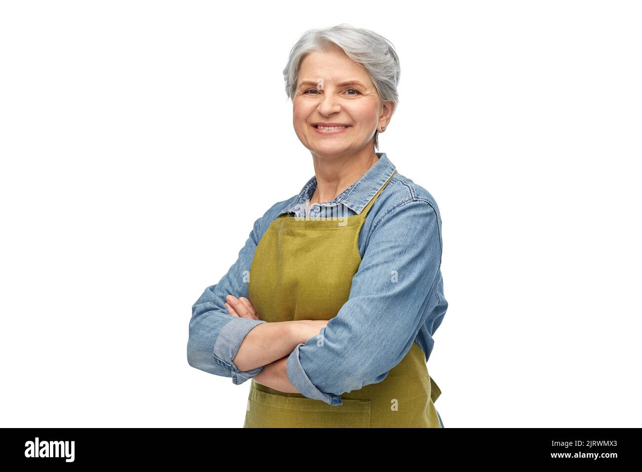 Woman in denim apron arms hi-res stock photography and images - Alamy