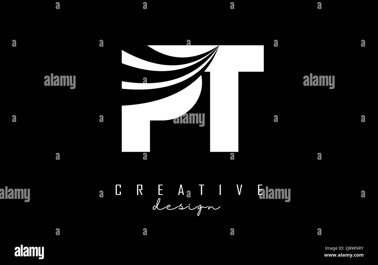 Creative white letter PT p t logo with leading lines and road concept ...