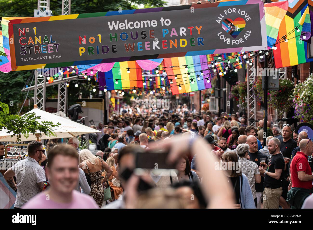 Manchester, UK. 26th Aug, 2022. Canal street on Friday first day of THE MANCHESTER PRIDE FESTIVAL 2022. Manchester UK.Thursday 25th Aug to Monday 29th August. Manchester Pride, in partnership with Virgin Atlantic, is its annual flagship event that takes over the city every year across the August bank holiday weekend in celebration of LGBTQ+ life. Headliners include Spice Girl Mel C, Duncan Jones and Drag Race UK star Bimini Credit: GaryRobertsphotography/Alamy Live News Credit: GaryRobertsphotography/Alamy Live News Stock Photo
