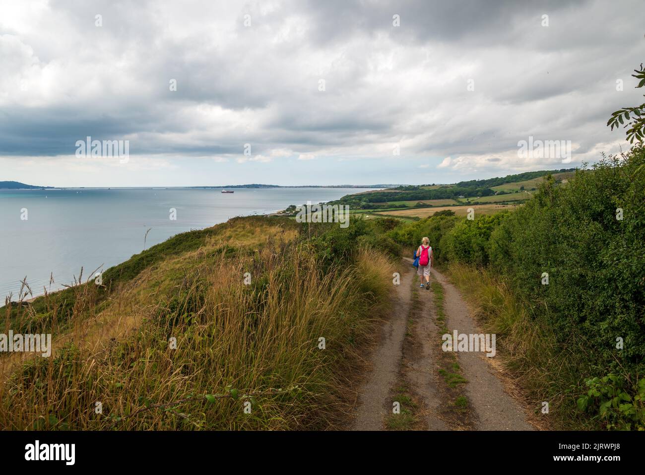 Woman walking on countryside and coastal footpath, Dorset, England, UK Stock Photo