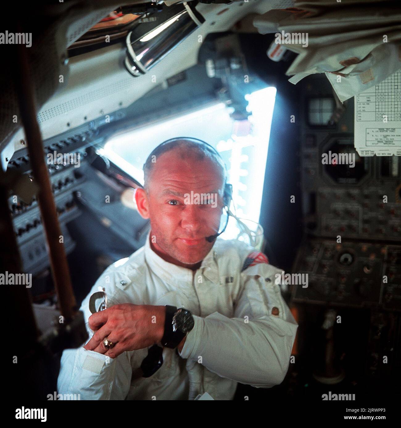 SEA OF TRANQUILITY, THE MOON, EARTH - 20 July 1969 - This interior view of the Apollo 11 Lunar Module (LM) shows astronaut Edwin E. Aldrin Jr., lunar Stock Photo