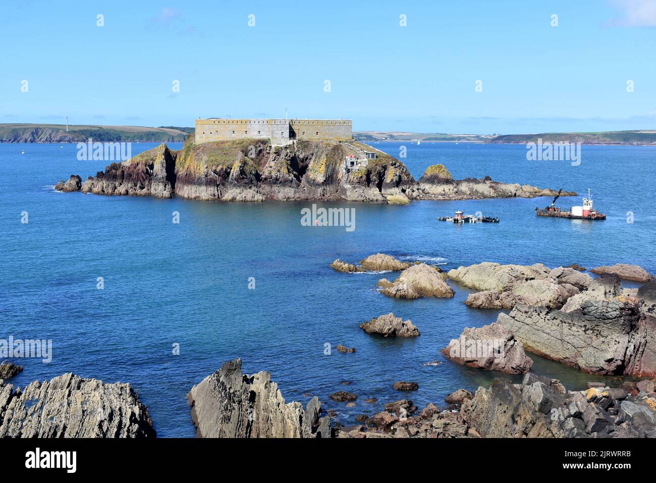Thorne island and view across Milford Haven waterway, Angle, Pembrokeshire, Wales Stock Photo