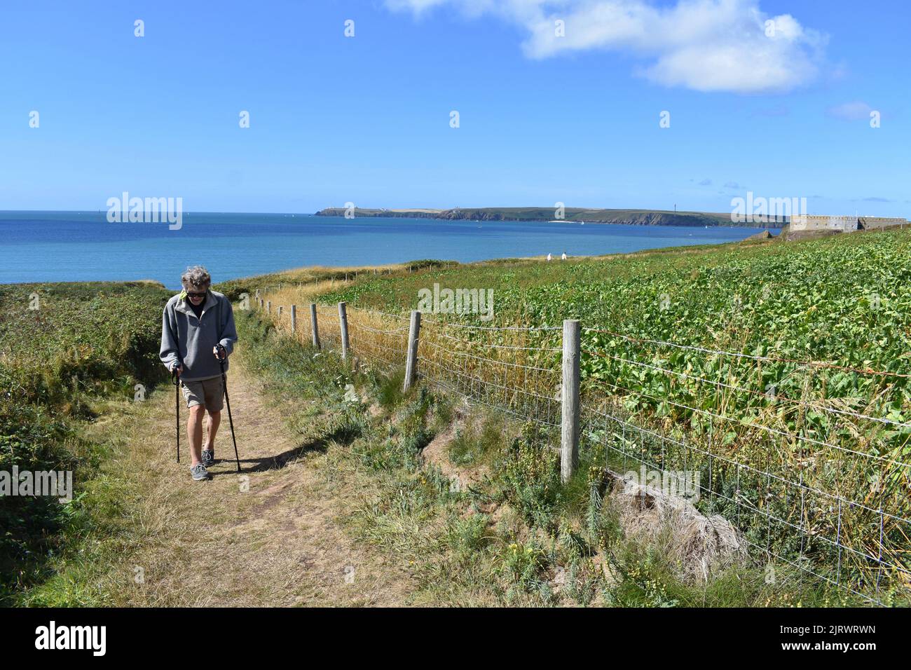 Man walking along the Pembrokeshire coastal path, Angle, Pembrokeshire, Wales Stock Photo