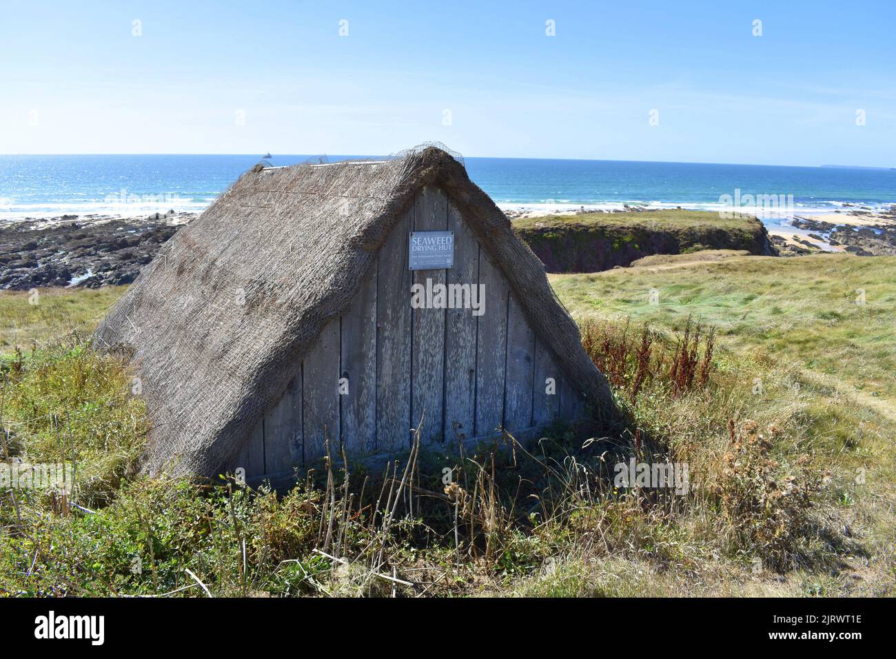 Seaweed drying hut, Freshwater West beach, Pembrokeshire, Wales Stock Photo