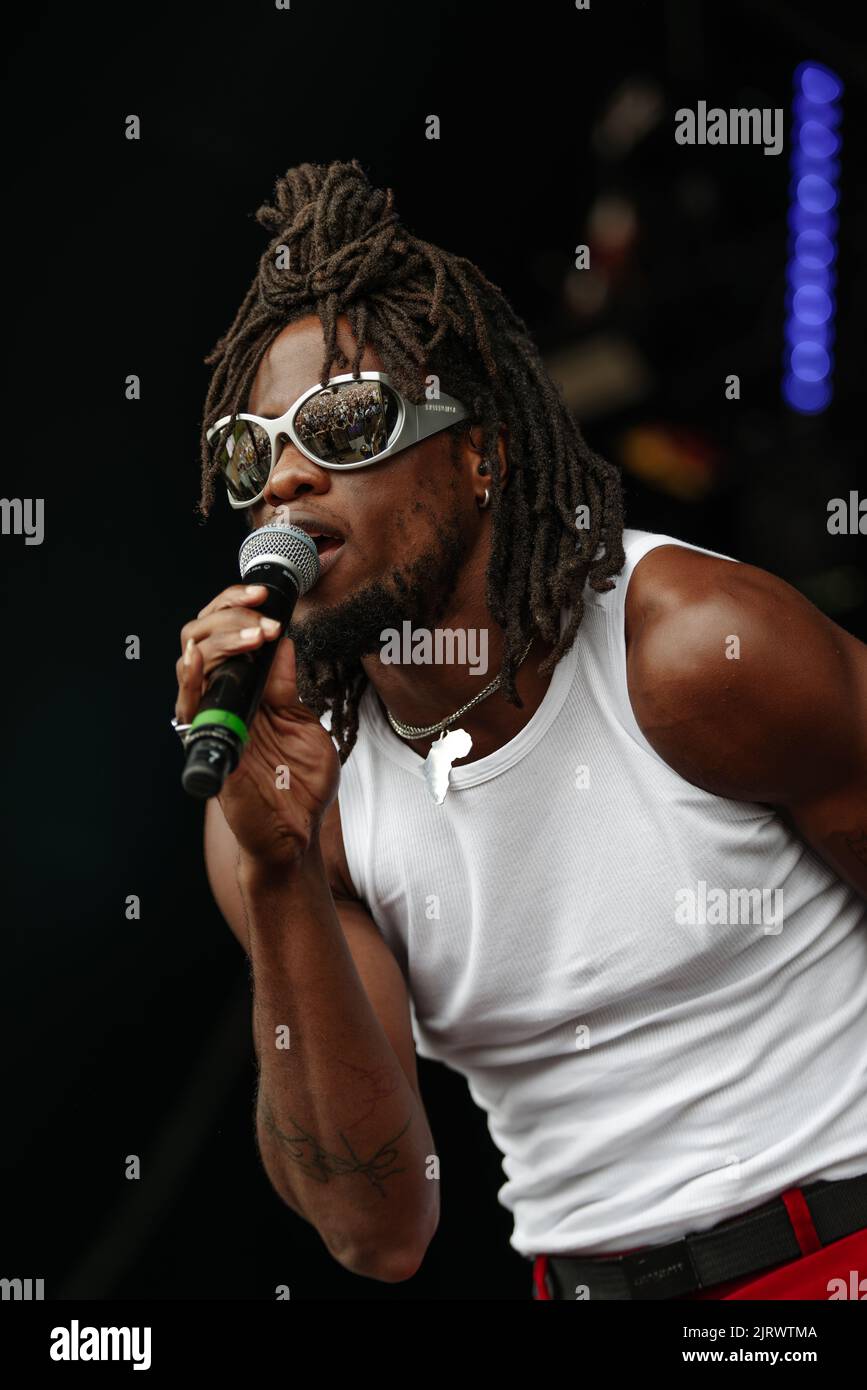 Abbots Ripton, UK. 26 AUG 2022, Obongjayar performing on the main stage at We Out Here Festival 2022, Nigel R Glasgow/Alamy Live News Stock Photo