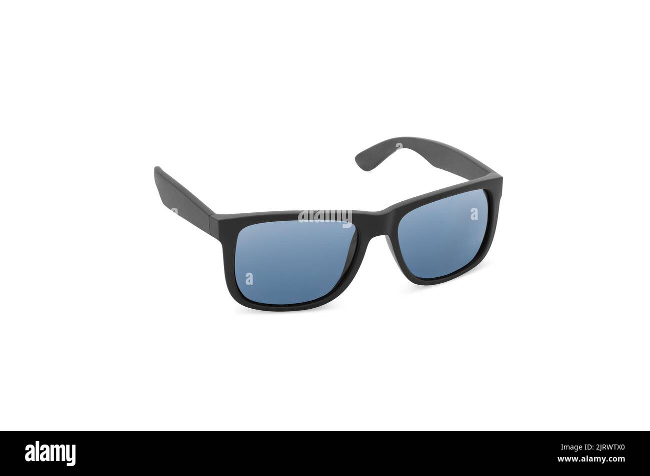 black frame blue lens polarized sunglasses on isolated white background Stock Photo