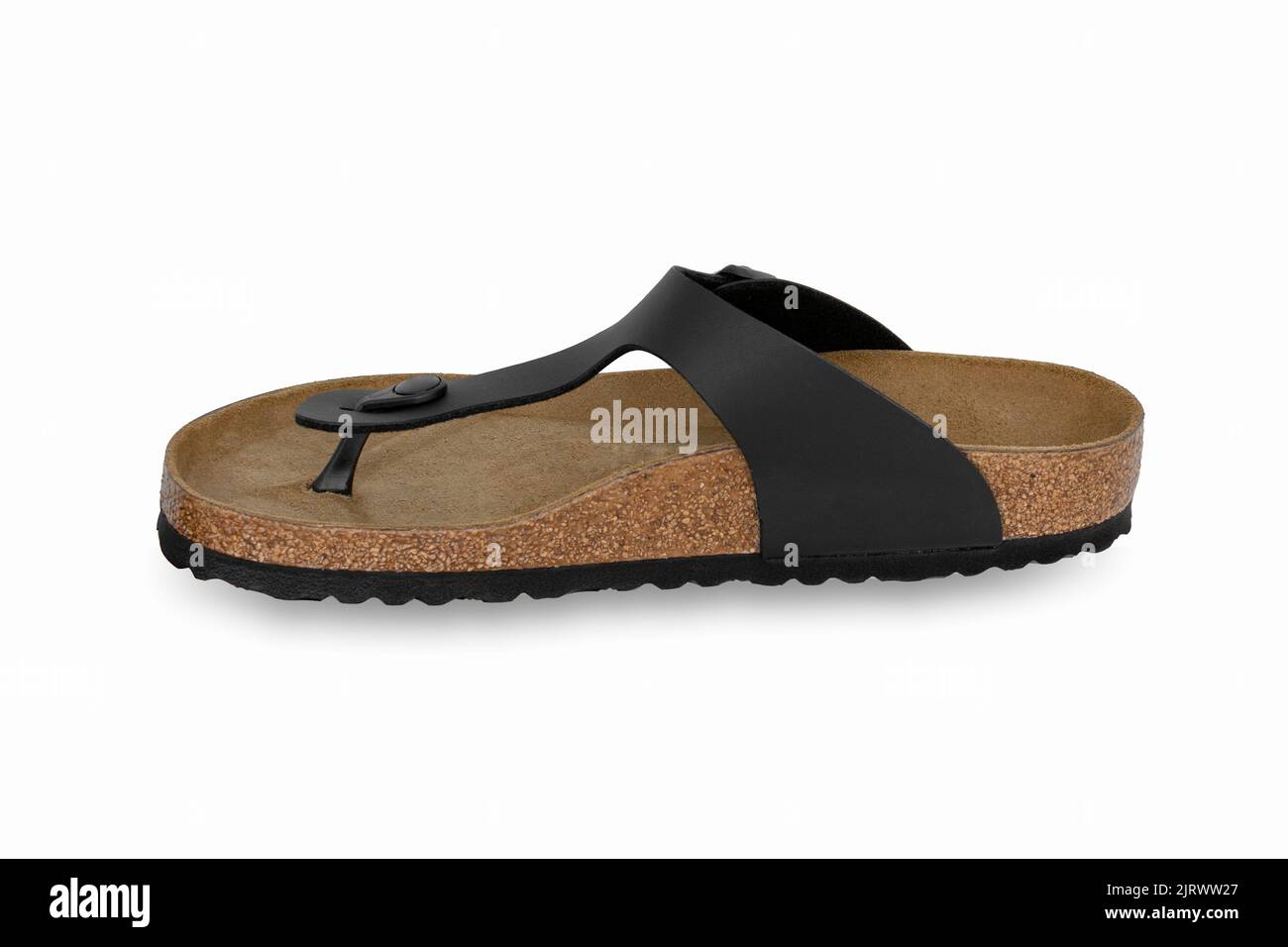 Black Flip Flops Isolated for Fashionable. Close Up of Legs Woman. Top  View. Woman Wear Black Footwear, Sandals on Wooden Background Stock Photo