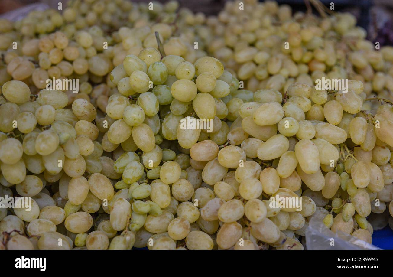Selective focus on white or green grapes at farmer's markets. Stock Photo