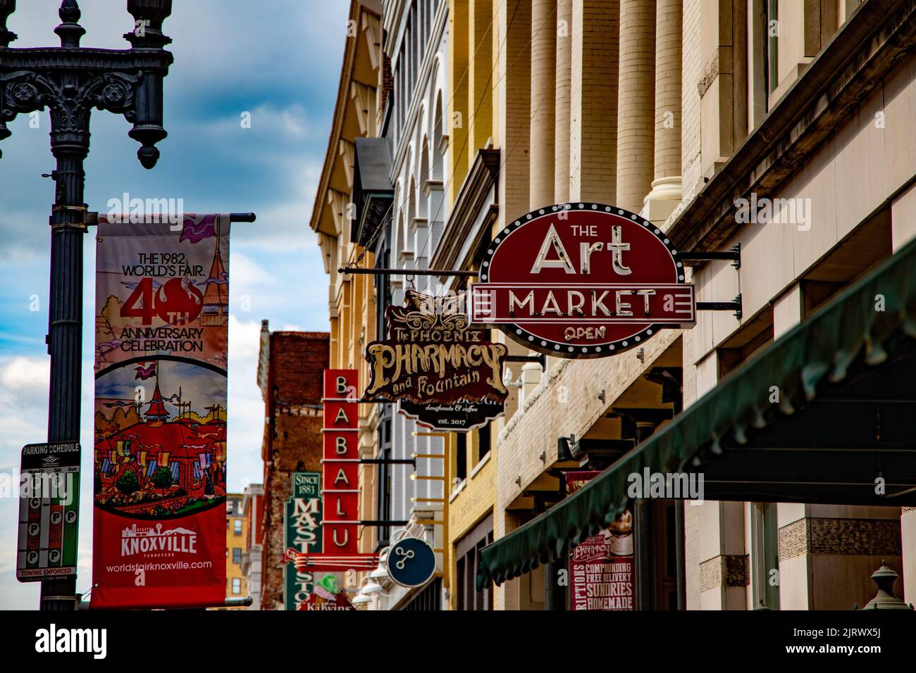 The commercial signs along Gay Street in downtown Knoxville Tennessee Stock Photo