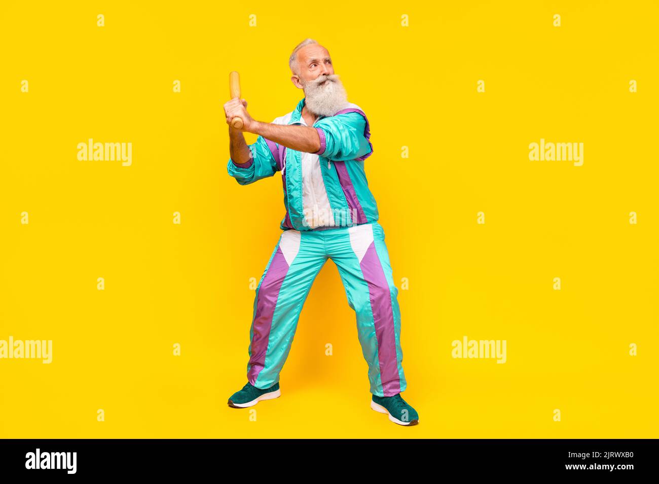 Full length portrait of serious aged person hold shoot bat empty space