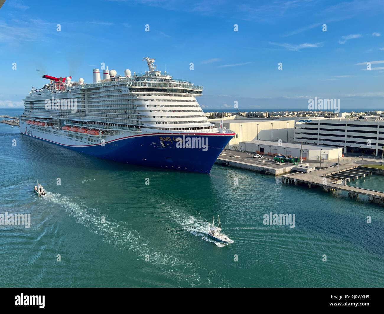 Orlando, FL USA - February 12, 2022: An aerial view of the Carnival Mardi Gras cruise ship at Port Canaveral in Florida. Stock Photo