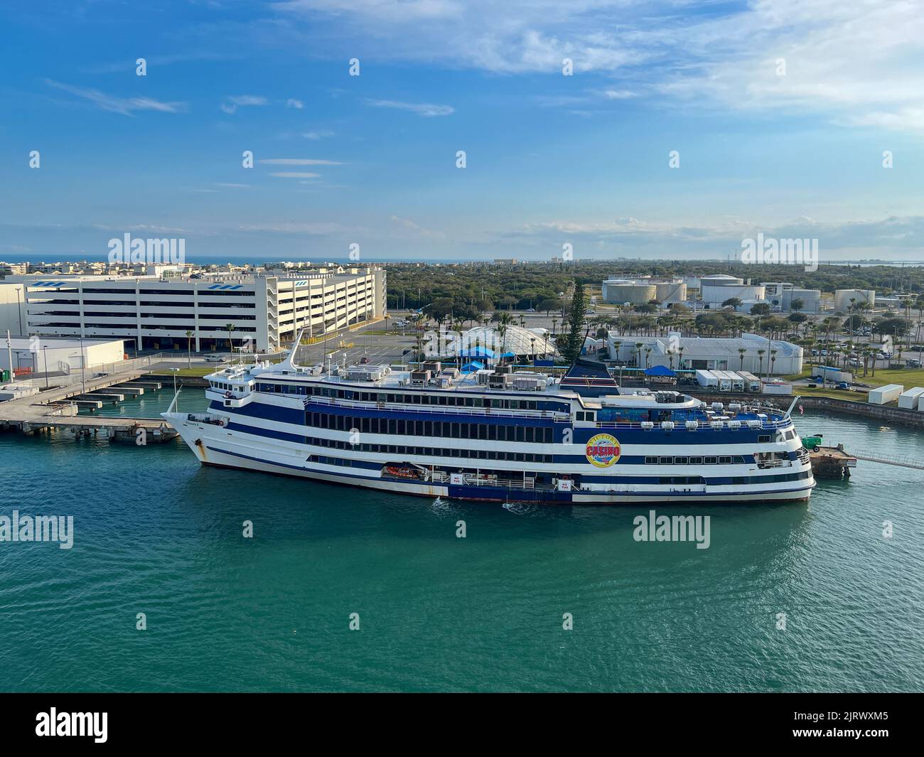 Orlando, FL USA - February 12, 2022: An aerial view of the Victory Casino ship at Port Canaveral in Florida. Stock Photo