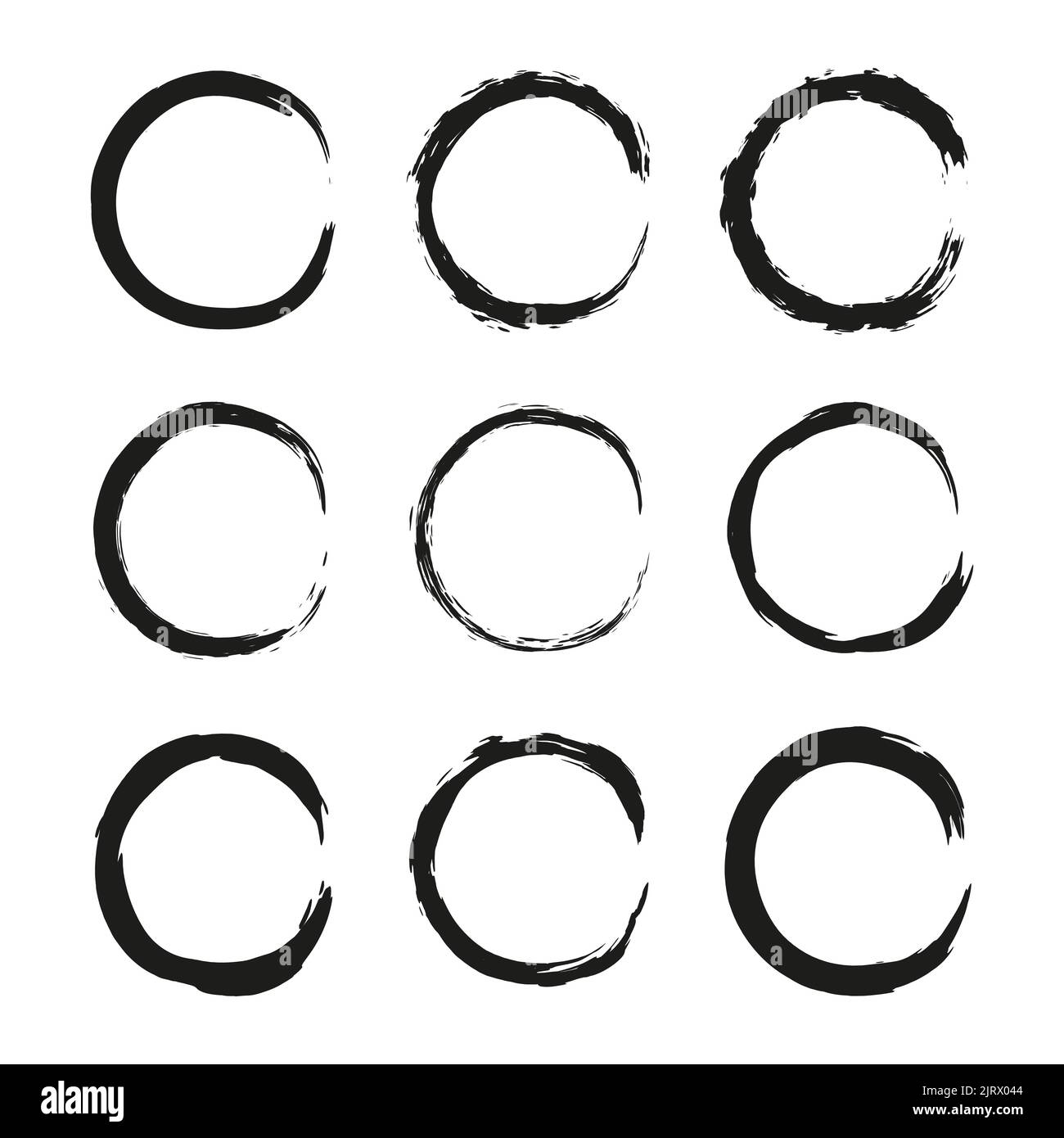 Set of hand drawn black grunge painted round frames isolated on white ...