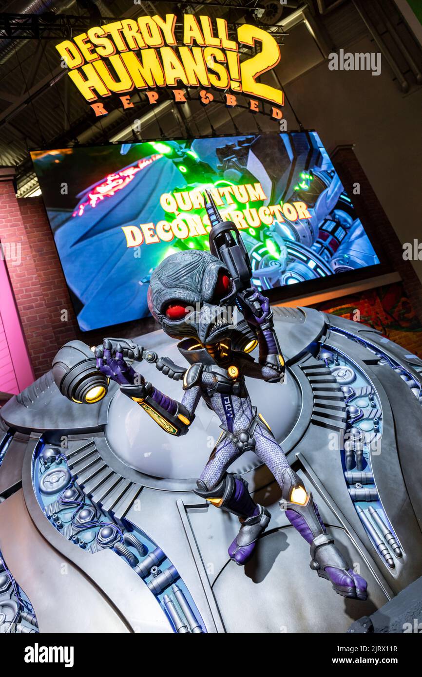 Cologne, Germany. 24th Aug, 2022. Gamescom 2022: Booth decoration for the remake of the action-adventure video game Destroy all Humans! 2 - Reprobed, remake developed by Black Forest Games, published by THQ Nordic. Gamescom is the world's largest trade fair for computer and video games, at Koelnmesse in Cologne, Germany. Photocredit: Christian Lademann / lademann.media Stock Photo