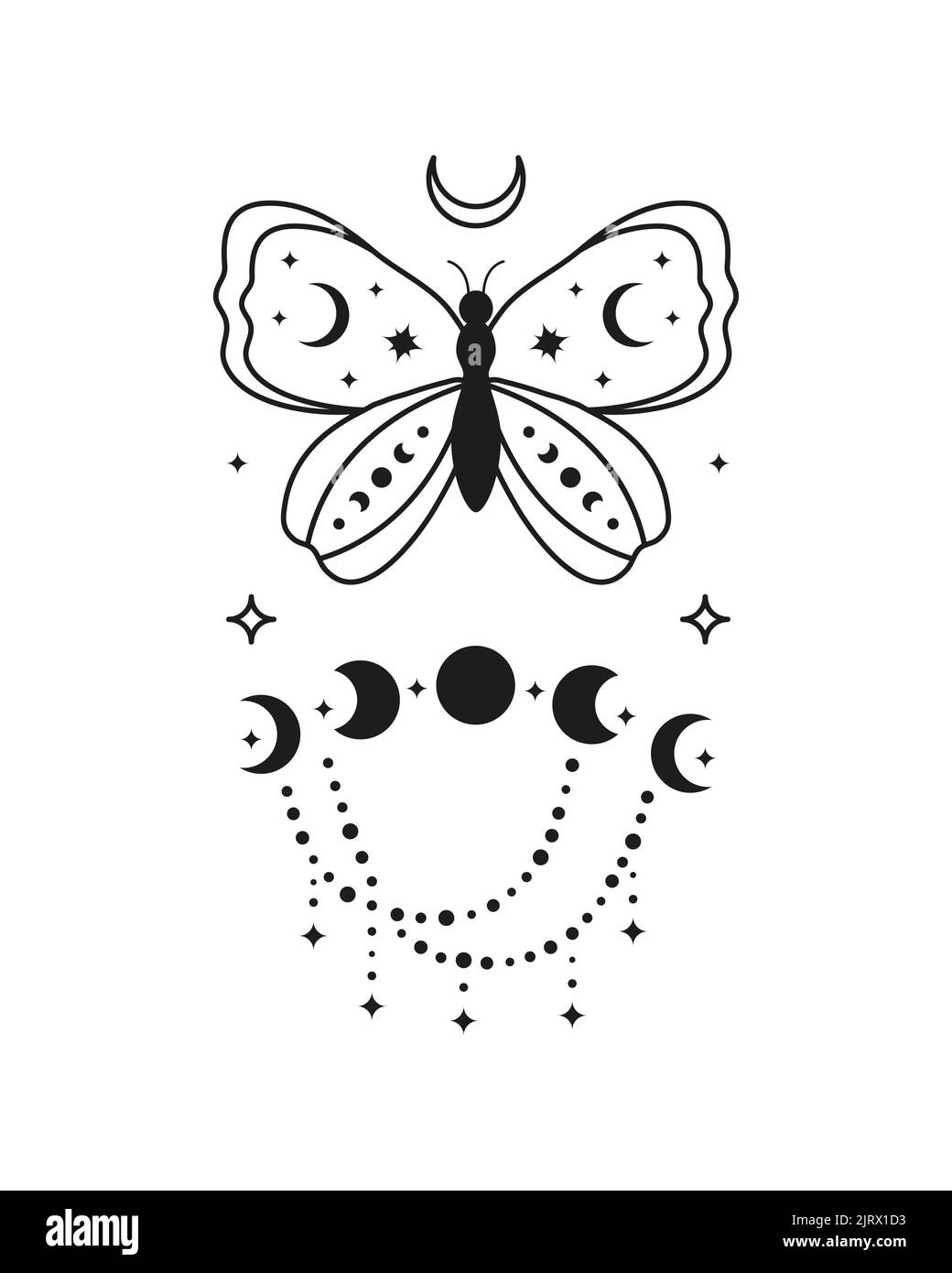 Magic occult tarot card with boho symbols butterfly, moon phases, beads, crescent and stars isolated on white background. Astrology spiritual poster. Stock Vector