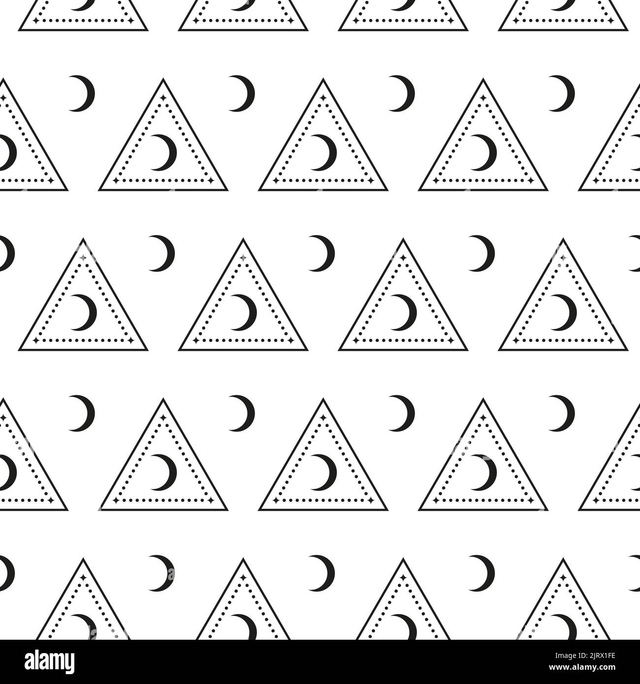 Black and white boho seamless pattern with crescent moon in triangles