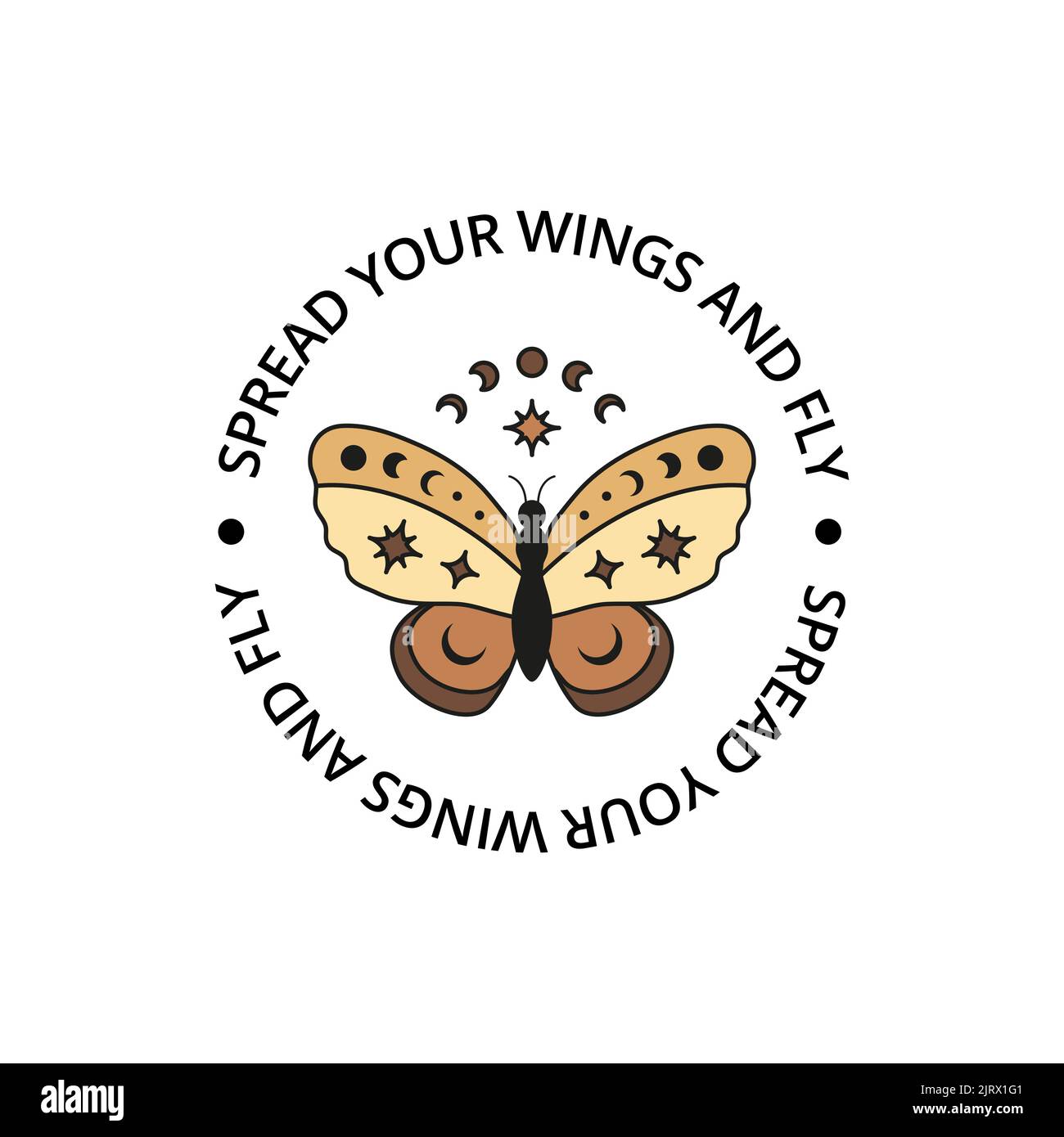 Poster with hand drawn colored celestial butterfly with moon phases