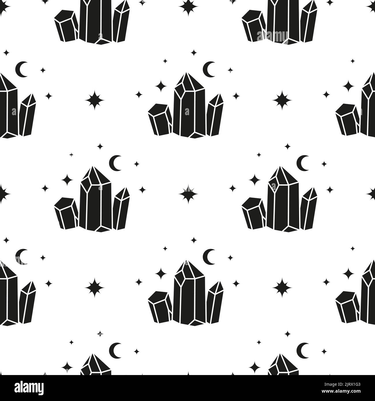 Black and white boho seamless pattern with crystals, stars and crescent ...