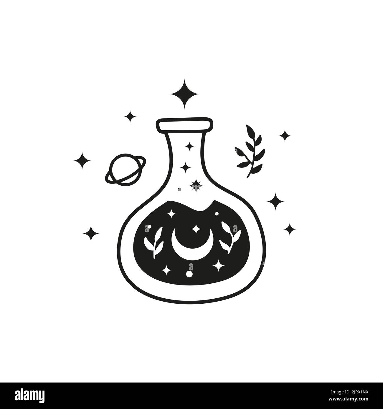 Hand drawn black magic potion in glass bottle with eye, stars and ...