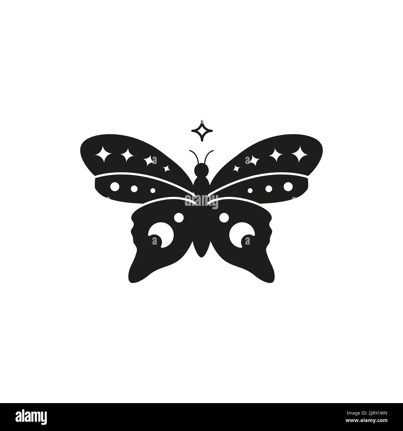 Hand drawn black celestial butterfly with stars and crescent moon ...