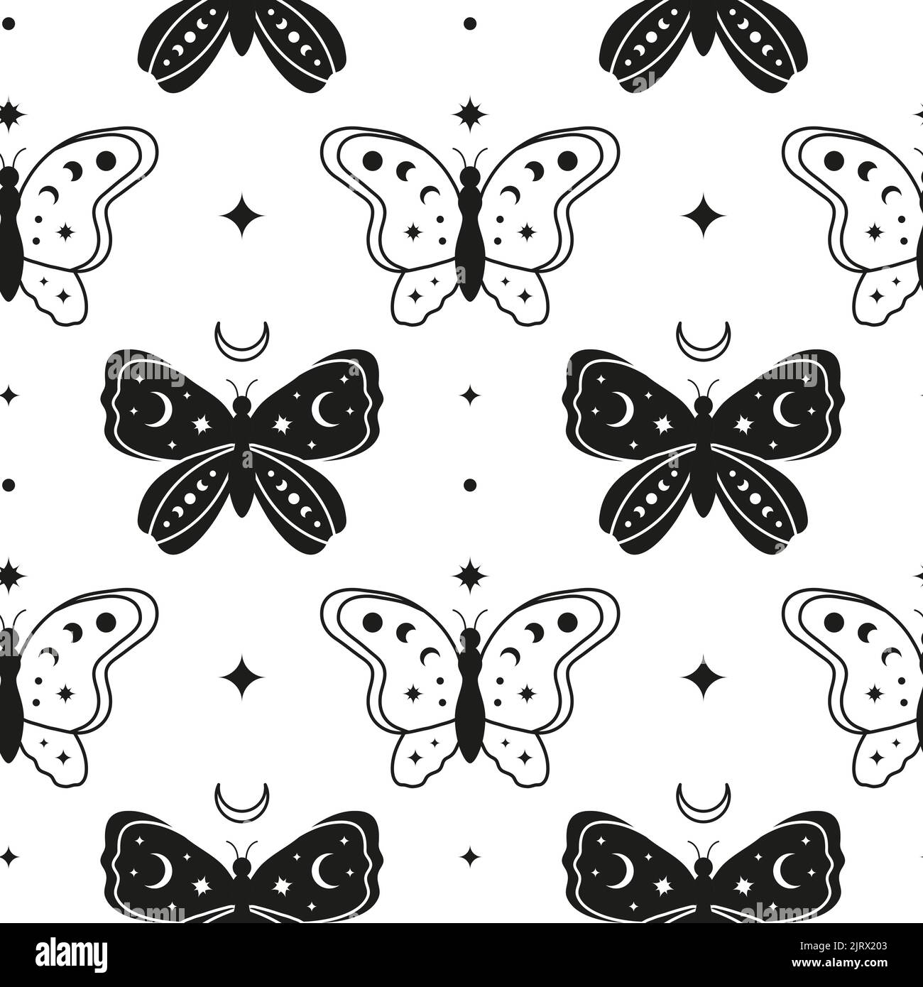 Boho seamless pattern with crescent moon, black and outline butterflies, crescent moon, stars. Bohemian modern background. Celestial wrapping paper. Stock Vector
