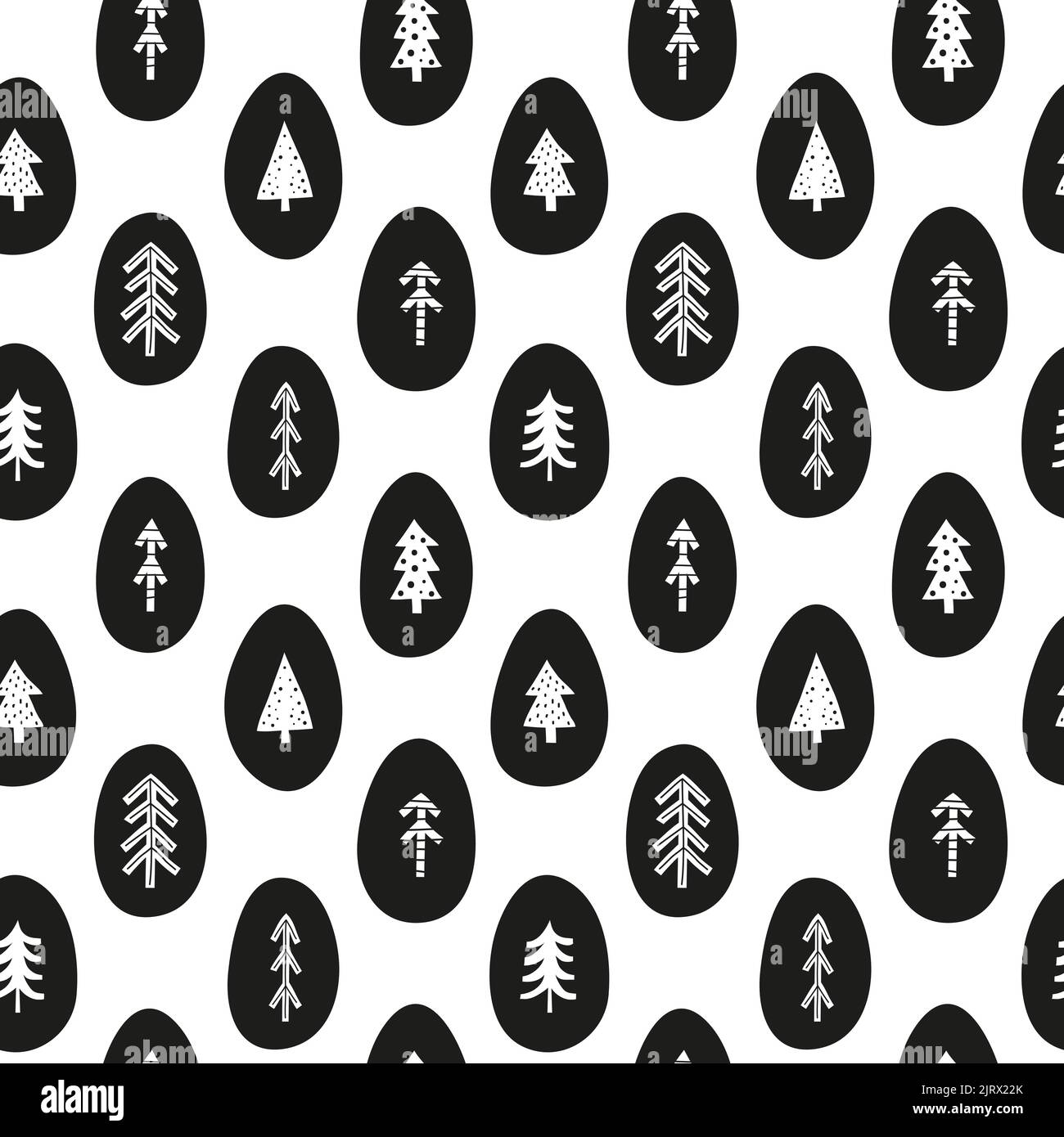 Black and white seamless pattern with doodle Scandinavian folk fir or pine trees in eggs. Minimalist Nordic style. Stock Vector