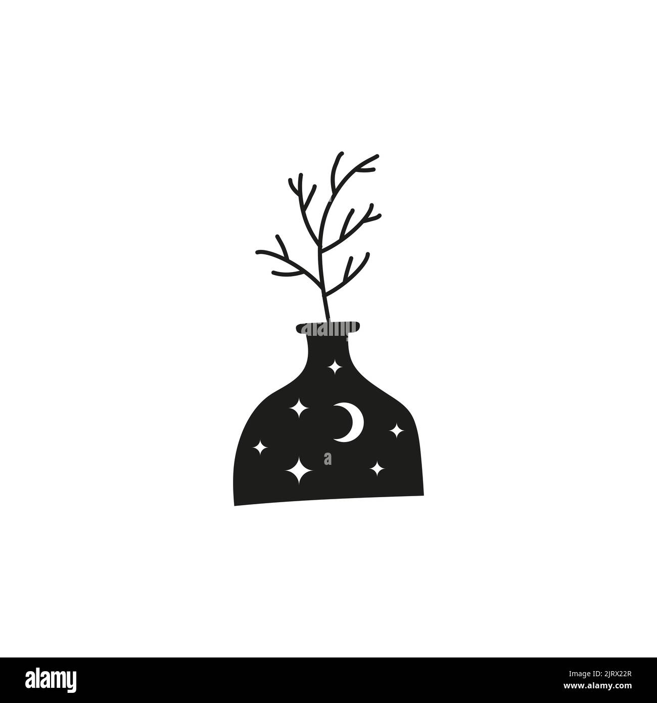 Black celestial tree branch in vase with moon, stars isolated on white
