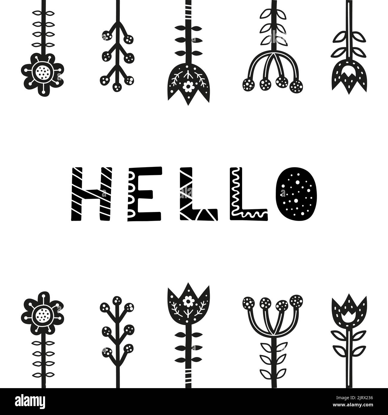 Doodle poster with lettering and flowers in Scandinavian folk art style
