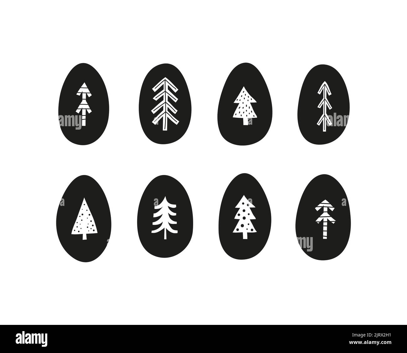 Doodle poster with Scandinavian folk fir or pine trees in eggs isolated on white background. Minimalist Nordic style. Can be used for interior posters Stock Vector