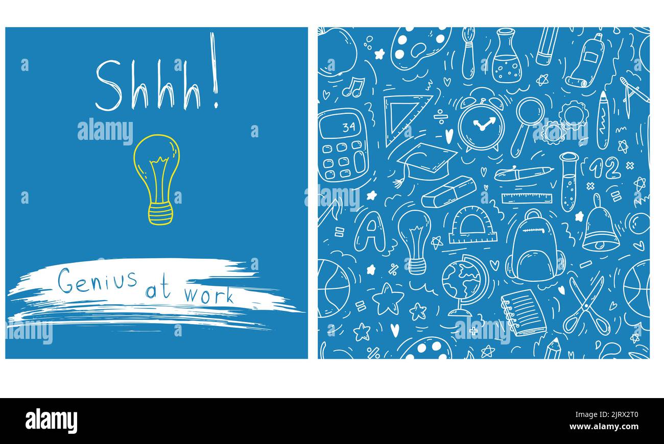 Set of doodle seamless pattern with school icons on blue background and ...